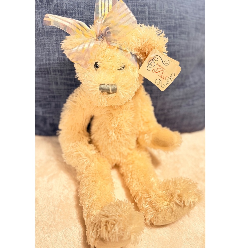 Vintage Progressive Plush Teddy Bear Cream Shaggy Fur Iridescent Bow Handcrafted